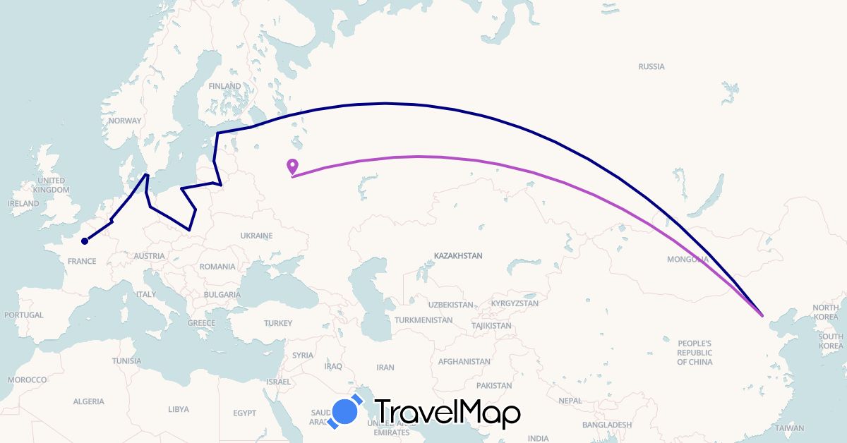 TravelMap itinerary: driving, train in China, Germany, Denmark, Estonia, France, Lithuania, Latvia, Poland, Russia, Sweden (Asia, Europe)